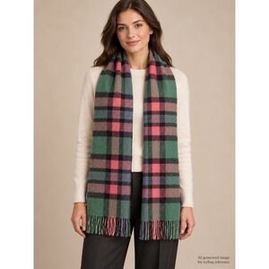 Blarney Woollen Mills 100% Lambswool Plaid Scarf Green Pink Made in Ireland NWT